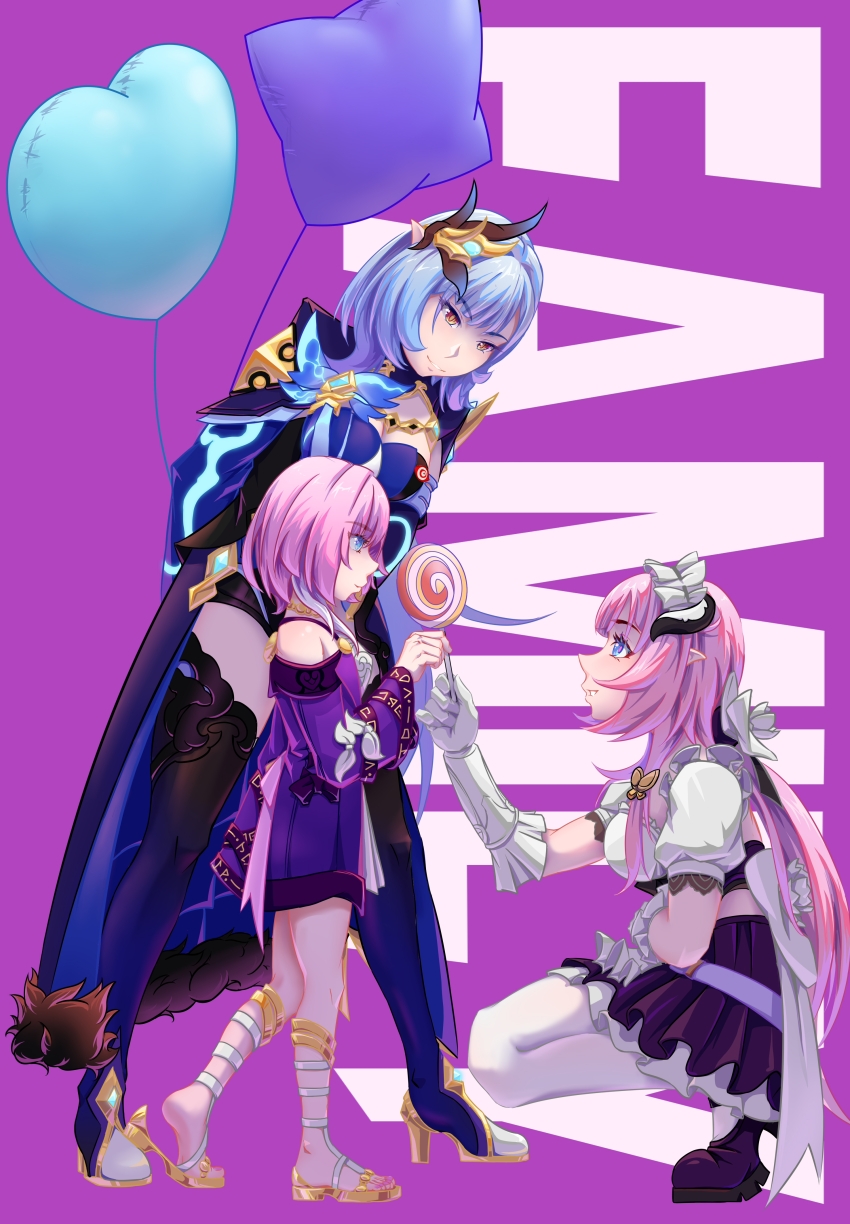 3girls absurdres balloon bare_shoulders black_skirt blue_hair candy cyrene_(honkai:_star_rail) dress elysia_(honkai_impact) elysia_(miss_pink)_(honkai_impact) elysia_(miss_pink_elf)_(honkai_impact) food gladiator_sandals hair_ornament heart_balloon height_difference herrscher_of_corruption highres holding holding_candy holding_food holding_lollipop honkai:_star_rail honkai_(series) honkai_impact_3rd inoue_marina lollipop long_hair miniskirt multiple_girls nanguibeijiang off-shoulder_dress off_shoulder pantyhose pink_hair puffy_short_sleeves puffy_sleeves purple_background purple_dress sandals short_hair short_sleeves skirt smile squatting swirl_lollipop voice_actor_connection white_pantyhose yanning