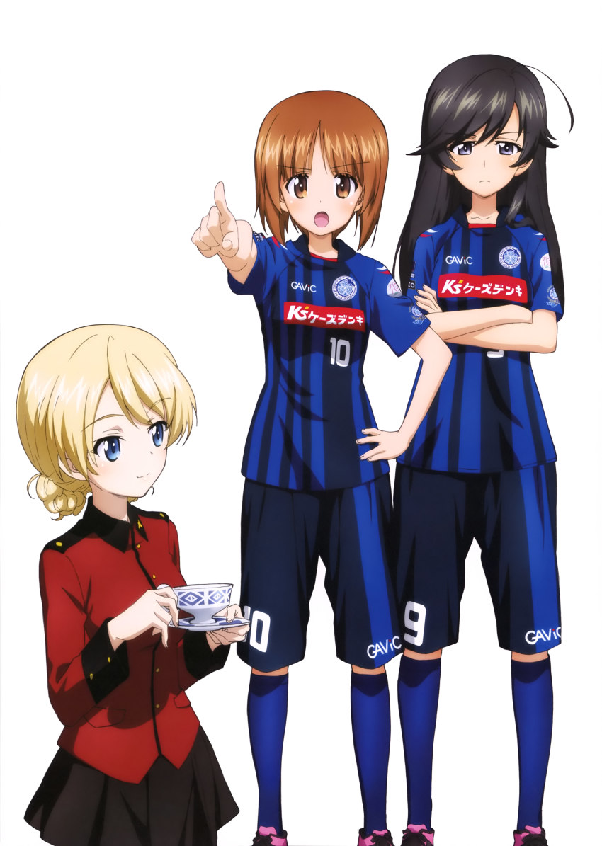 10s 3girls absurdres black_eyes black_hair black_skirt blonde_hair blue_eyes blue_legwear braid brown_eyes crossed_arms cup darjeeling_(girls_und_panzer) eyebrows girls_und_panzer gym_uniform hand_on_own_hip highres index_finger_raised isuzu_hana j._league jacket kneehighs long_hair looking_at_viewer military_jacket mito_hollyhock multiple_girls nishizumi_miho official_art pleated_skirt red_shirt saucer shirt short_hair shorts simple_background skirt smile soccer soccer_uniform socks sportswear teacup white_background