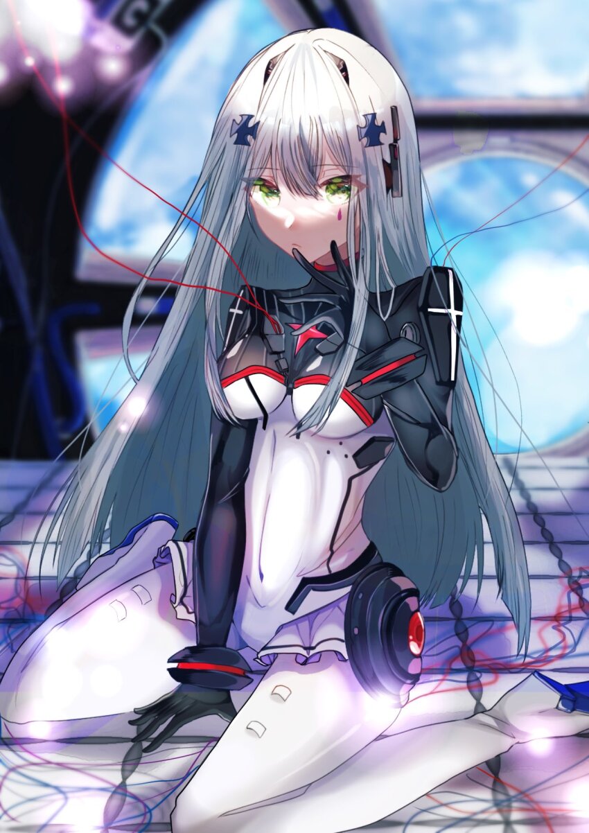 1girl between_legs black_bodysuit bodysuit breasts closed_mouth collarbone commentary_request cross_hair_ornament crossed_bangs earth_(planet) facial_mark facial_tattoo finger_to_mouth finger_to_own_chin full_body girls&#039;_frontline gradient_hair green_eyes grey_hair hair_ornament hair_over_breasts hair_over_shoulder hand_between_legs hand_on_ground headgear high_heels highres hk416_(girls&#039;_frontline) hk416_(midnight_evangelion)_(girls&#039;_frontline) indoors long_hair looking_at_viewer medium_breasts multicolored_bodysuit multicolored_hair on_floor outstretched_foot parted_bangs planet sidelocks sitting solo space space_station tattoo teardrop teardrop_facial_mark teardrop_tattoo very_long_hair wariza white_bodysuit white_hair yossi_art