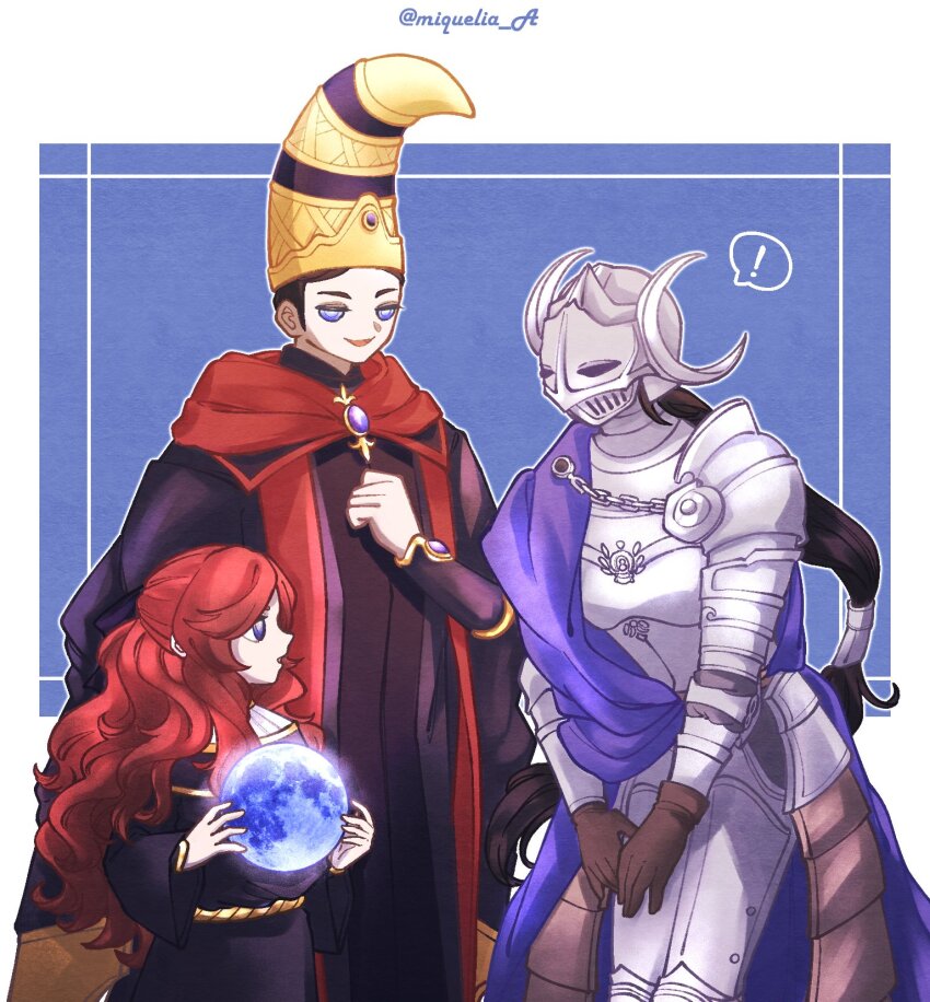 3girls armor aunt_and_niece black_hair black_robe blue_background blue_eyes border brown_gloves commentary elden_ring elden_ring:_shadow_of_the_erdtree english_commentary fake_horns full_armor gloves hat helmet highres horned_helmet horns leaning_forward long_hair lunar_princess_ranni miqueliafantasia mother_and_daughter multiple_girls open_mouth outside_border red_hair rellana_twin_moon_knight rennala_queen_of_the_full_moon robe siblings simple_background sisters smile wavy_hair white_border wizard_hat