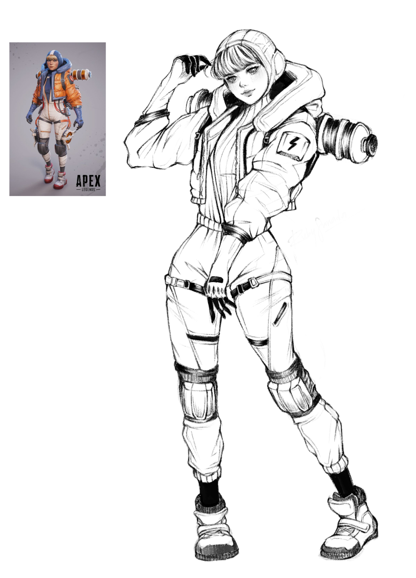 1girl absurdres animification apex_legends bodysuit facial_scar full_body gloves greyscale head_tilt highres hood hood_down hooded_bodysuit hooded_jacket jacket knee_pads looking_at_viewer monochrome orange_jacket reference_inset ribbed_bodysuit scar scar_on_cheek scar_on_face shoes smile sneakers solo standing wattson_(apex_legends) white_background white_bodysuit zyllypepper