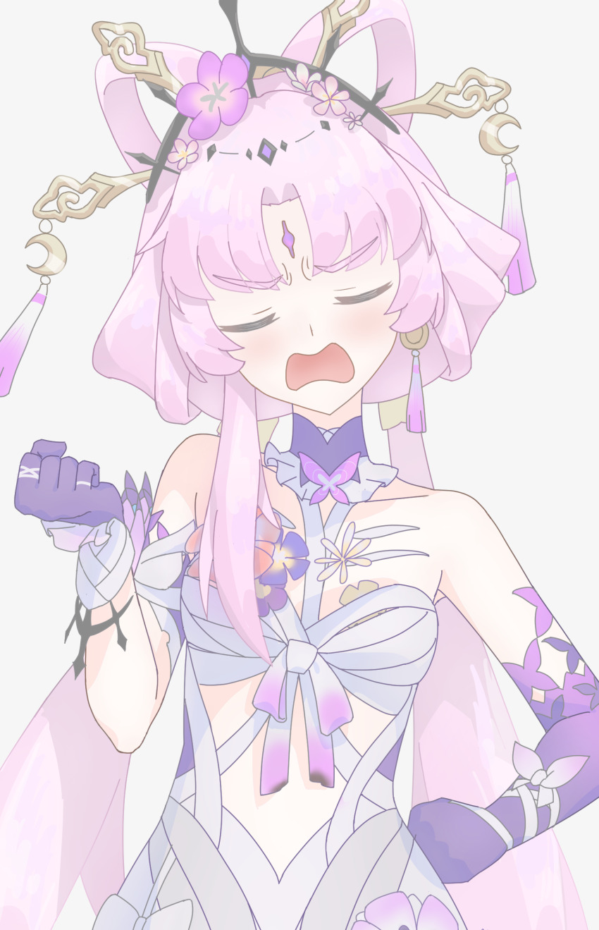 1girl absurdres angry asymmetrical_gloves bare_shoulders black_tiara bow-shaped_hair breasts castorice_(honkai:_star_rail) castorice_(honkai:_star_rail)_(cosplay) clenched_hands closed_eyes clothing_cutout commentary_request cosplay cowboy_shot dress elbow_gloves facing_viewer feixianji_(hairstyle) flower forehead_jewel fu_xuan_(honkai:_star_rail) gloves grey_background hair_flower hair_ornament hair_stick hand_on_own_hip hand_up highres honkai:_star_rail honkai_(series) long_hair low_twintails manifold_(pixiv_35678635) navel_cutout open_mouth pink_hair purple_gloves simple_background single_elbow_glove small_breasts solo tassel tassel_hair_ornament tiara twintails uneven_gloves very_long_hair white_dress