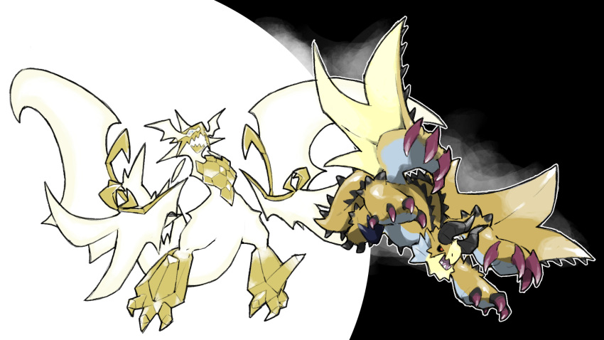 black_background black_horns black_sclera blacknirrow claws colored_sclera creatures_(company) crossover detached_wings dragon game_freak gen_7_pokemon highres horns legendary_pokemon monster monster_hunter_(series) necrozma necrozma_(ultra) nintendo no_humans open_mouth outline pokemon pokemon_(creature) red_eyes shagaru_magala sharp_teeth teeth two-tone_background white_background white_outline wings