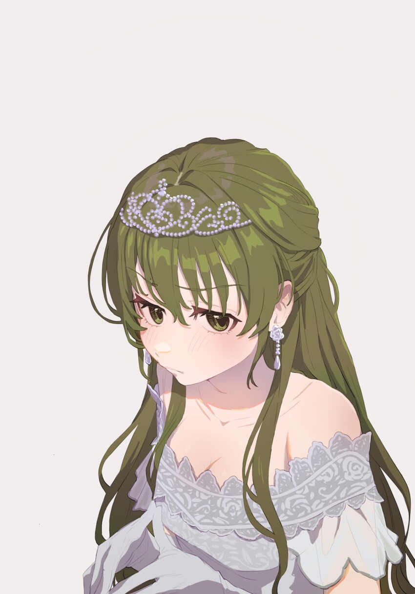 1girl absurdres bare_shoulders blush breasts cleavage collarbone commentary_request dress earrings gloves green_eyes green_hair half_updo highres idolmaster idolmaster_shiny_colors jewelry long_hair looking_at_viewer nanakusa_nichika off-shoulder_dress off_shoulder own_hands_together simple_background solo tanupon tiara very_long_hair wedding_dress white_background white_dress white_gloves