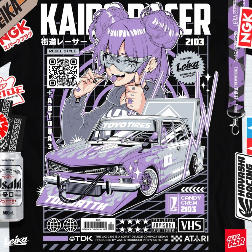1girl alex_rsr asahi_breweries atari lada_(car) bandaid bandaid_on_arm bandaid_on_hand bousouzoku cable candy delinquent double_bun earrings english_text fang finger_tattoo fingernails food glasses grey_hoodie hair_bun hood hoodie jewelry logo lollipop looking_at_viewer open_mouth original parental_advisory sharp_fingernails solo sparkle stance_(vehicle) star_(symbol) tamiya_incorporated tattoo tdk_corporation thumbs_up vaz-2103 vehicle_focus