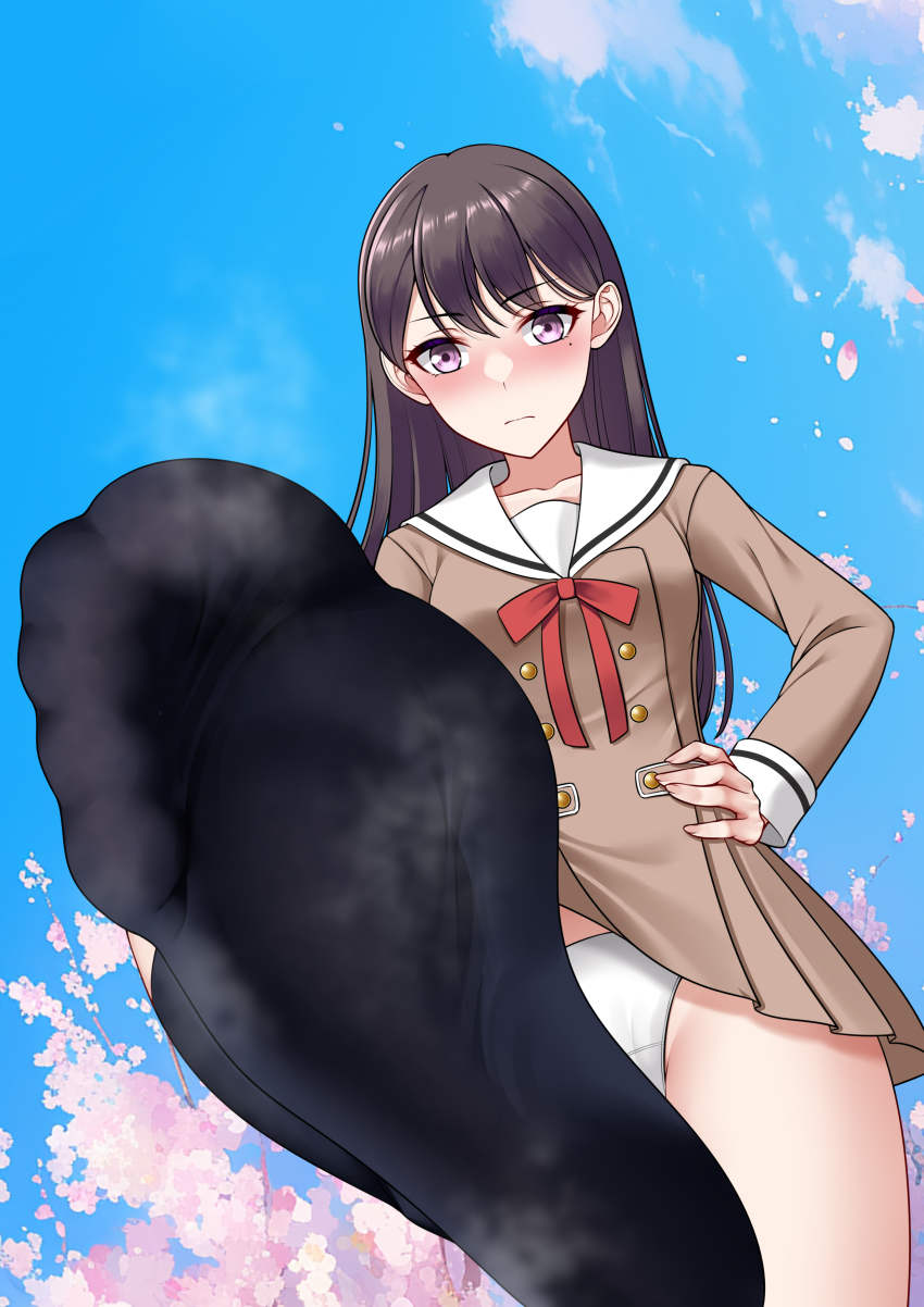 1girl absurdres bang_dream! black_socks blush feet highres long_hair oirin panties purple_eyes shiina_taki smell socks underwear