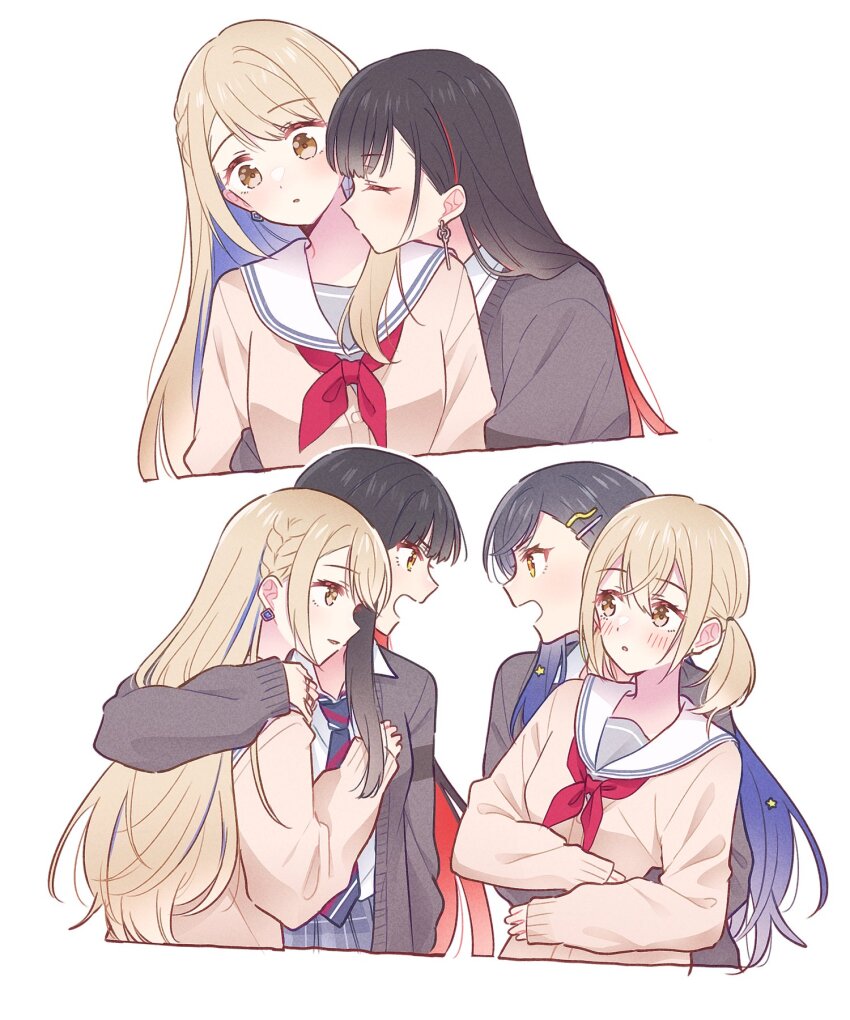 4girls azusawa_kohane beru_popooo black_hair blonde_hair blue_hair blue_skirt blush brown_cardigan cardigan closed_eyes colored_inner_hair commentary_request diagonal-striped_clothes diagonal-striped_necktie dual_persona earrings gradient_hair grey_cardigan highres jewelry kamiyama_high_school_uniform_(project_sekai) long_hair long_sleeves miyamasuzaka_girls&#039;_academy_school_uniform multicolored_hair multiple_girls necktie official_alternate_hair_length official_alternate_hairstyle open_cardigan open_clothes orange_eyes plaid_clothes plaid_skirt pleated_skirt project_sekai red_hair sailor_collar school_uniform serafuku shiraishi_an short_twintails simple_background skirt striped_clothes twintails upper_body whip_the_wimp_girl!!_(project_sekai) white_background white_sailor_collar yuri
