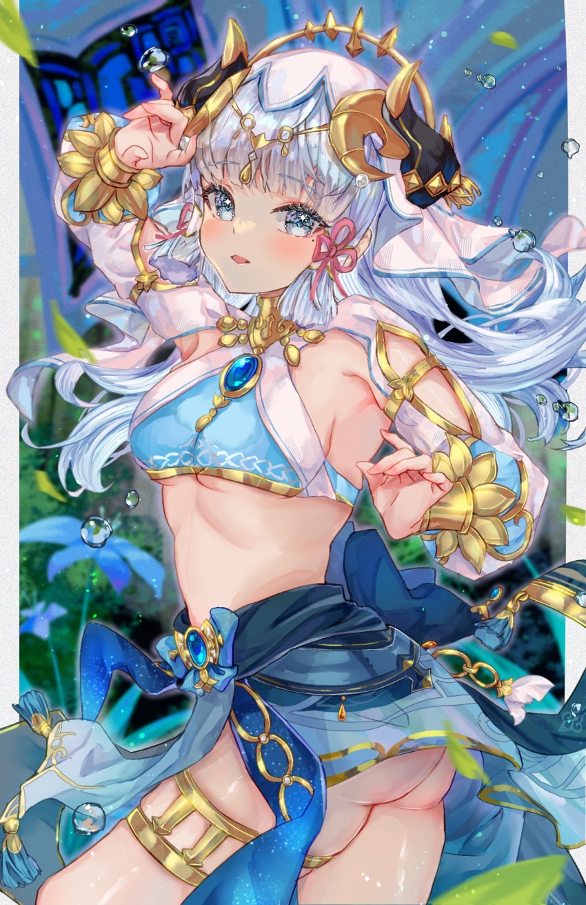1girl arm_up ass ayaka_(genshin_impact) blue_eyes blue_flower blue_gemstone blue_skirt blunt_tresses bracer breasts brooch commentary_request cosplay cowboy_shot crop_top detached_sleeves fake_horns flower flower_knot gem genshin_impact hair_ribbon harem_outfit highres horns isuzu_(an_icy_cat) jewelry long_hair medium_breasts midriff mole mole_under_eye neck_ring nilou_(genshin_impact) nilou_(genshin_impact)_(cosplay) parted_lips pillarboxed ribbon sidelocks skirt solo stomach thighlet thighs tress_ribbon veil water_drop white_hair white_headwear