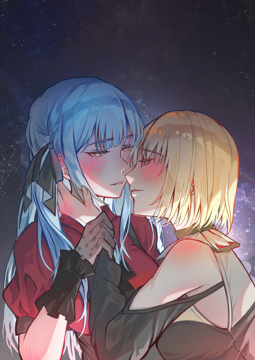 2girls absurdres bang_dream! bang_dream!_it&#039;s_mygo!!!!! bare_shoulders black_dress black_gloves black_ribbon blonde_hair blue_hair blush clothing_cutout collared_shirt commentary doloris_(bang_dream!) dress ear_blush epo_(0epo0) gloves hair_ribbon hand_on_another&#039;s_neck highres holding_another&#039;s_wrist medium_hair misumi_uika multiple_girls night night_sky oblivionis_(bang_dream!) parted_lips purple_eyes red_shirt ribbon shirt short_sleeves shoulder_cutout sky smile star_(sky) starry_sky togawa_sakiko two_side_up yellow_eyes yuri
