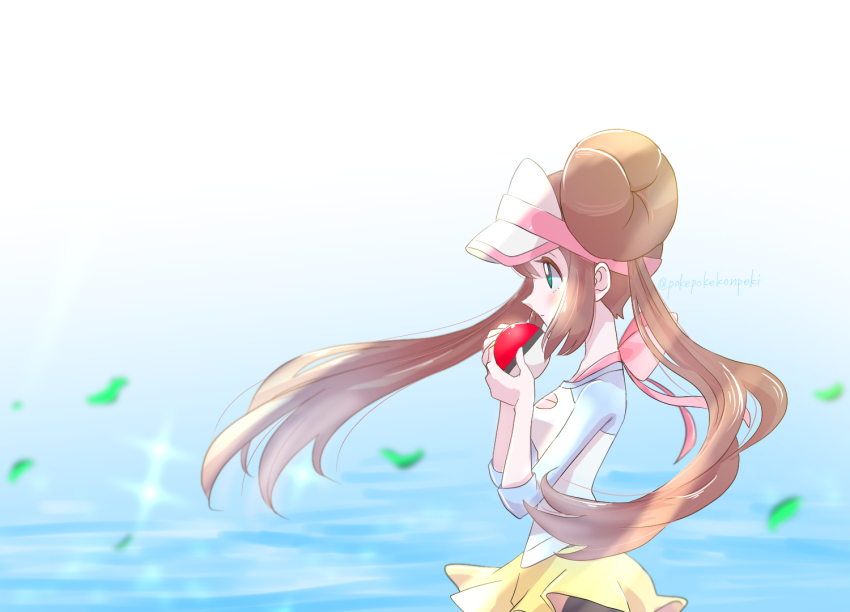1girl brown_hair double_bun from_side green_eyes hair_bun holding holding_poke_ball long_hair nintendo poke_ball poke_ball_(basic) pokemon pokemon_bw2 pokepokekonpeki rosa_(pokemon) shirt shorts solo twintails twitter_username upper_body visor_cap yellow_shorts
