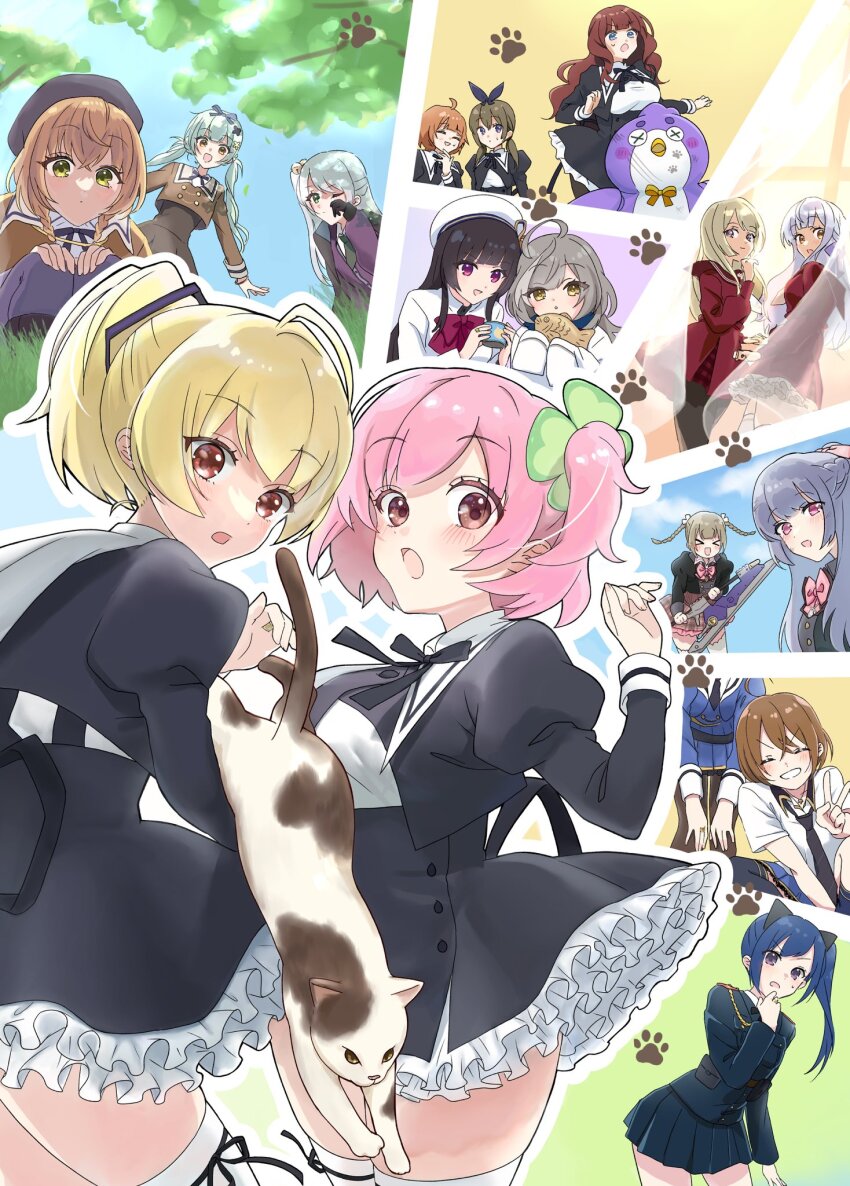 &gt;_&lt; 6+girls :d ^_^ ahoge aiguillette andou_tazusa animal animal_ears assault_lily asymmetrical_legwear bell beret between_legs black_bow black_cape black_flower black_gloves black_hair black_hat black_jacket black_necktie black_pantyhose black_ribbon black_skirt black_socks black_thighhighs blonde_hair blue_bow blue_eyes blue_jacket blue_sky blunt_bangs blush boots bow bowtie braid breasts brown_hair brown_pantyhose brown_sailor_collar brown_skirt buttons can canned_food cape cardigan cat cat_ears closed_eyes closed_mouth cloud clover_hair_ornament collared_shirt commentary_request cropped_jacket crossed_bangs curtains day epaulettes evening facing_viewer fake_animal_ears flower food four-leaf_clover_hair_ornament frilled_skirt frills fukuyama_jeanne_sachie futagawa_fumi gloves gradient_background grass green_eyes green_hair green_necktie grey_hair grin hair_bell hair_between_eyes hair_bow hair_flower hair_ornament hair_ribbon half_up_braid half_updo hand_between_legs hand_on_own_cheek hand_on_own_chin hand_on_own_face hand_up hands_on_own_knees hands_up hat hat_ribbon head_out_of_frame heads_together herensuge_girls_academy_school_uniform hidai_miyazu high-waist_skirt high_ponytail highres hirotsu_yuuzutsu hitotsuyanagi_riri holding holding_can holding_food holding_hands holding_weapon indoors interlocked_fingers ishikawa_aoi jacket jewelry jingle_bell juliet_sleeves kaede_johan_nouvel kanba_girls_high_school_uniform kawamura_yuzuriha kishimoto_lucia_raimu knee_boots kneehighs knees_apart_feet_together kon_kanaho leaning_forward leg_ribbon long_hair long_sleeves looking_at_animal looking_at_viewer looking_to_the_side loose_necktie low_twin_braids low_twintails ludvico_private_girls&#039;_academy_school_uniform medium_breasts medium_hair miniskirt miyagawa_takane mon-chan_(assault_lily) morimoto_yuni multicolored_hair multiple_girls neck_ribbon necktie non-humanoid_robot odaiba_girls_high_school_uniform one_eye_closed one_side_up open_mouth orange_background outdoors outline pantyhose parted_lips pet_food pink_bow pink_bowtie pink_eyes plaid_clothes plaid_skirt pleated_skirt ponytail puffy_sleeves purple_background purple_cardigan purple_eyes purple_pantyhose purple_ribbon red_bow red_bowtie red_shirt red_skirt ribbon ring robot robot_animal robot_bird sailor_collar sasaki_ran school_uniform serafuku shakeza shirt short_hair short_sleeves side_ponytail single_kneehigh single_sock single_thighhigh sitting skirt sky sleeves_past_fingers sleeves_past_wrists smile socks squatting standing streaked_hair suspender_skirt suspenders sweatdrop taiyaki thigh_ribbon thighhighs tree tsukioka_momiji twin_braids twintails ueda_imari v v-shaped_eyebrows wagashi weapon white_hat white_jacket white_outline white_ribbon white_shirt white_thighhighs window yamanashi_hibari yellow_background yellow_eyes yellow_flower yellow_ribbon yurigaoka_girls_academy_school_uniform zettai_ryouiki