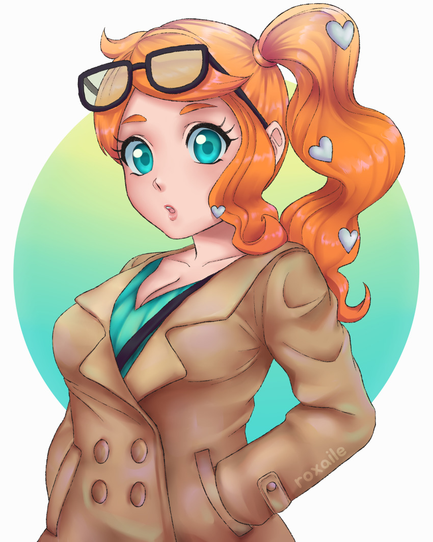 1girl absurdres aqua_eyes aqua_shirt black-framed_eyewear breasts brown_coat cleavage coat collarbone eyewear_on_head hair_ornament heart heart_hair_ornament highres long_hair medium_breasts nintendo orange_hair pokemon pokemon_swsh ribbed_shirt roxaile shirt side_ponytail solo sonia_(pokemon) sunglasses swept_bangs upper_body v-neck wavy_hair