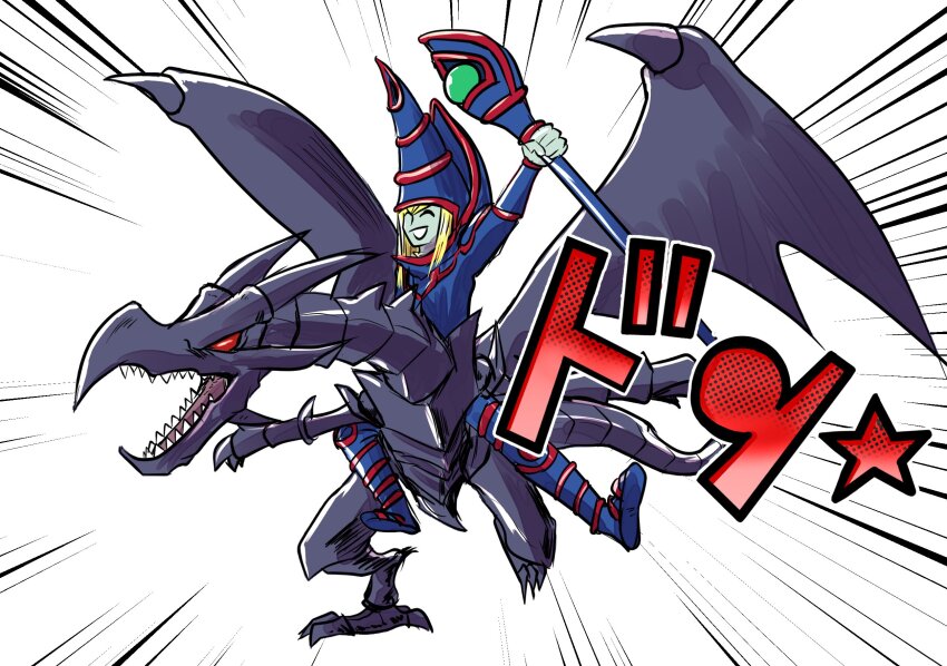 1boy armor black_skin blonde_hair blue_armor carrying chibi colored_skin dark_magician dragon duel_monster emphasis_lines full_body go_madare grey_skin highres holding holding_staff long_hair piggyback red-eyes_black_dragon red_eyes riding sharp_teeth simple_background staff teeth white_background yu-gi-oh!