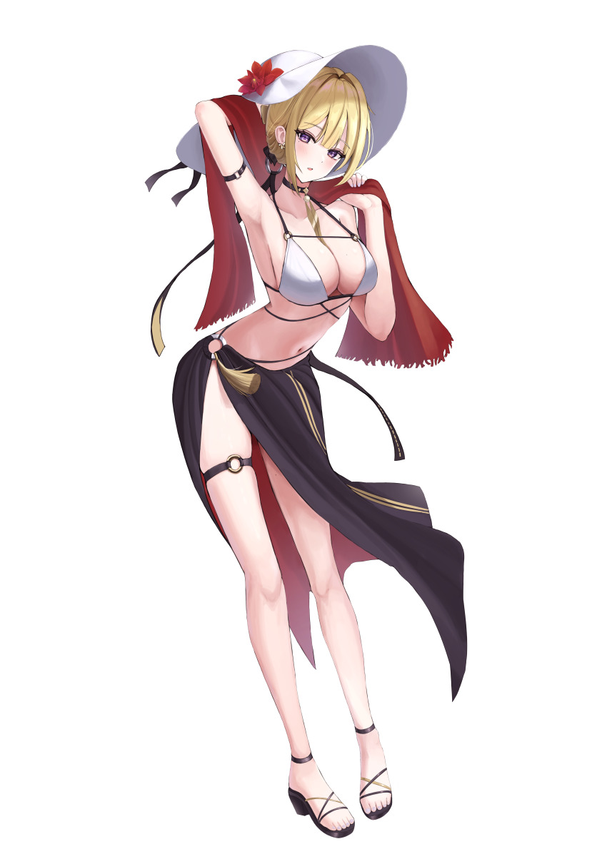 1girl absurdres alternate_costume arm_behind_head arm_strap armpits bikini black_sandals blonde_hair breasts cleavage evelyn_chevalier flower full_body hashtag-only_commentary hat hat_flower highres large_breasts leaning_forward looking_at_viewer navel o-ring o-ring_thigh_strap parted_lips sandals shirt solo standing stomach sun_hat swimsuit thigh_strap white_background white_bikini white_hat youngtatatak zenless_zone_zero