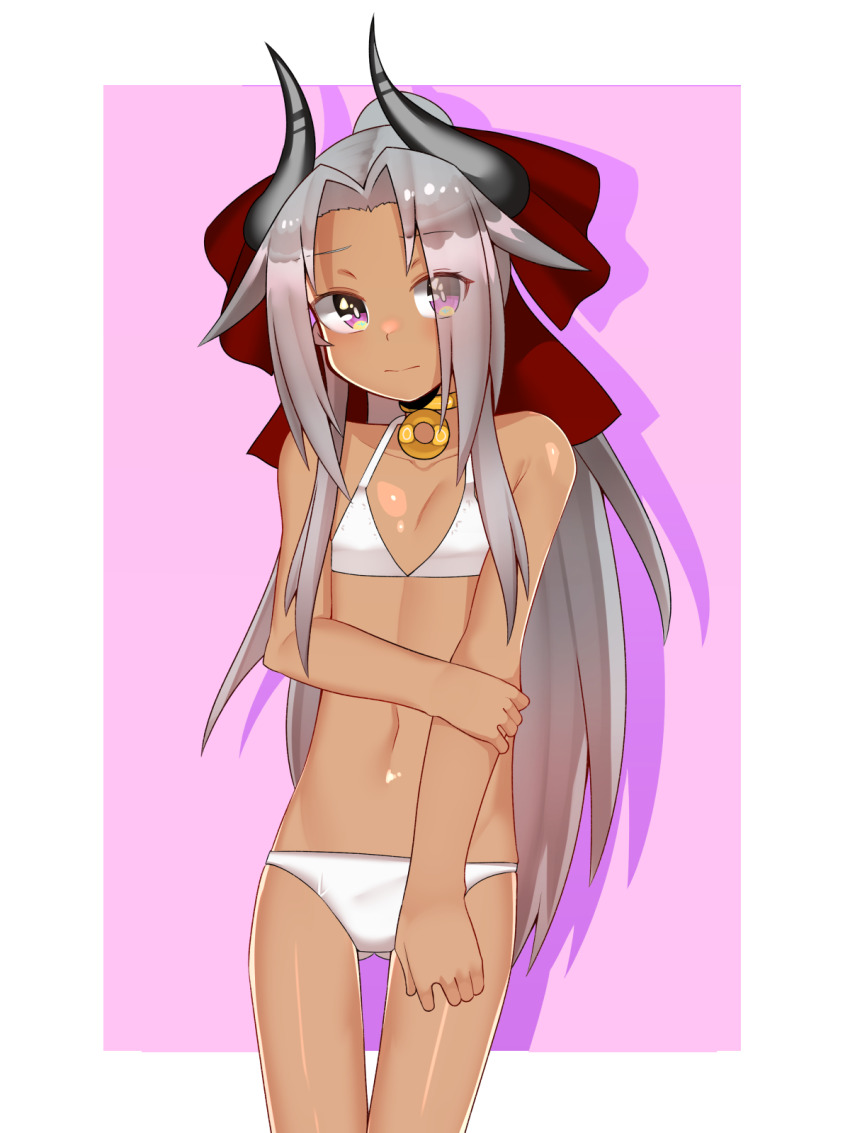 1girl bikini black_horns border choker closed_mouth commentary_request dark-skinned_female dark_skin gloggy gluteal_fold grey_hair hair_intakes halterneck hand_on_own_arm highres horns kikyou_(gloggy) long_hair looking_at_viewer original outside_border purple_eyes skinny slim_legs solo swimsuit very_long_hair white_bikini white_border