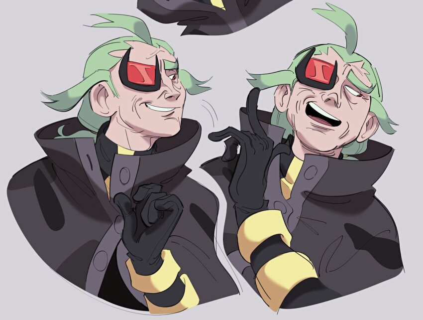 1boy black-framed_eyewear black_gloves buttons coat commentary ghetsis_(pokemon) gloves green_hair grey_background grin hand_up highres jacket long_hair looking_down lynn_(daisiloou) male_focus multiple_views nintendo open_mouth pokemon pokemon_bw2 red_eyes simple_background smile teeth tongue upper_teeth_only