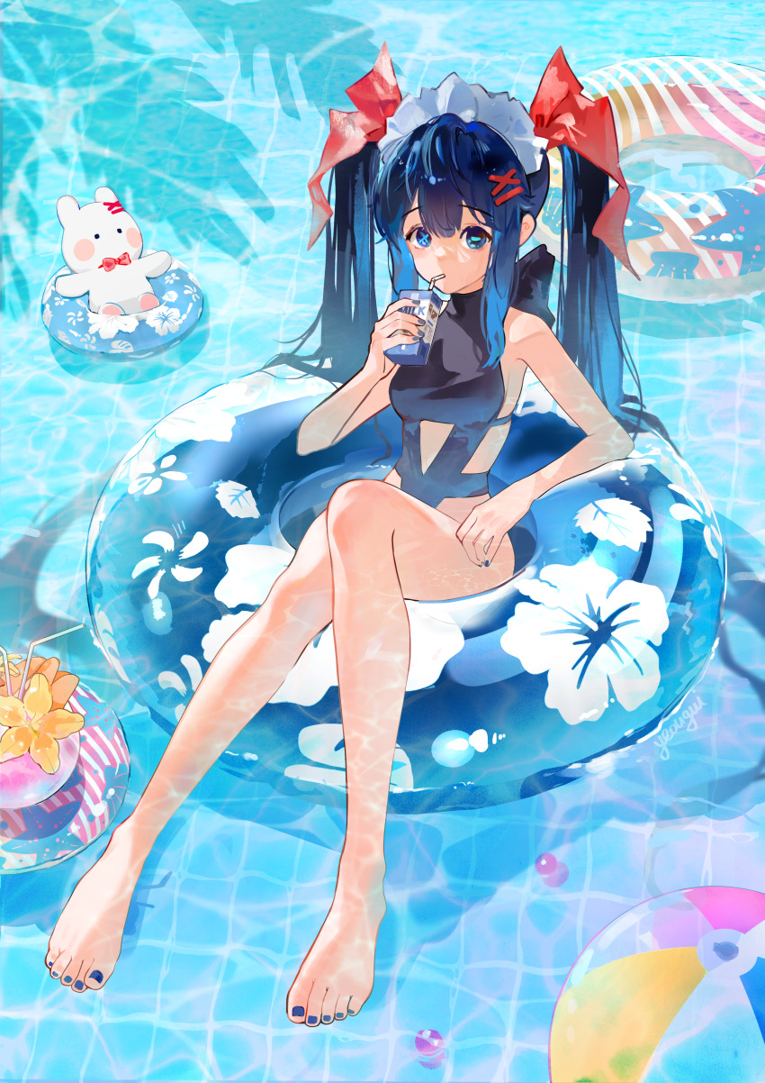 1girl absurdres barefoot black_one-piece_swimsuit blue_hair breasts drinking drinking_straw full_body highres innertube long_hair medium_breasts nail_polish one-piece_swimsuit original sitting solo swim_ring swimsuit toenail_polish toenails toes yeougui