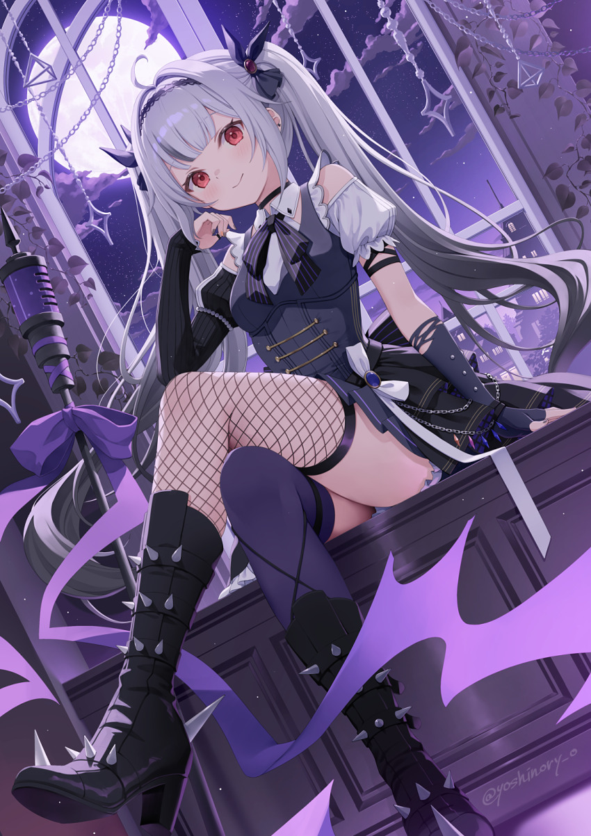 1girl asymmetrical_gloves asymmetrical_legwear bare_shoulders black_boots black_bow black_dress black_gloves black_hair black_hairband black_nails boots bow breasts closed_mouth cloud commentary_request commission crossed_legs dress elbow_gloves fingerless_gloves fishnet_thighhighs fishnets frills full_moon gloves gradient_hair grey_hair hair_intakes hairband hand_up high_heel_boots high_heels highres indoors looking_at_viewer medium_breasts mismatched_gloves mismatched_legwear moon multicolored_hair multicolored_nails nail_polish night night_sky orange_nails original paid_reward_available pleated_dress puffy_short_sleeves puffy_sleeves purple_bow purple_thighhighs red_eyes shirt short_sleeves single_fishnet_legwear sitting skeb_commission sky smile solo spiked_boots striped_bow thighhighs thighhighs_under_boots twintails white_shirt window yoshino_ryou