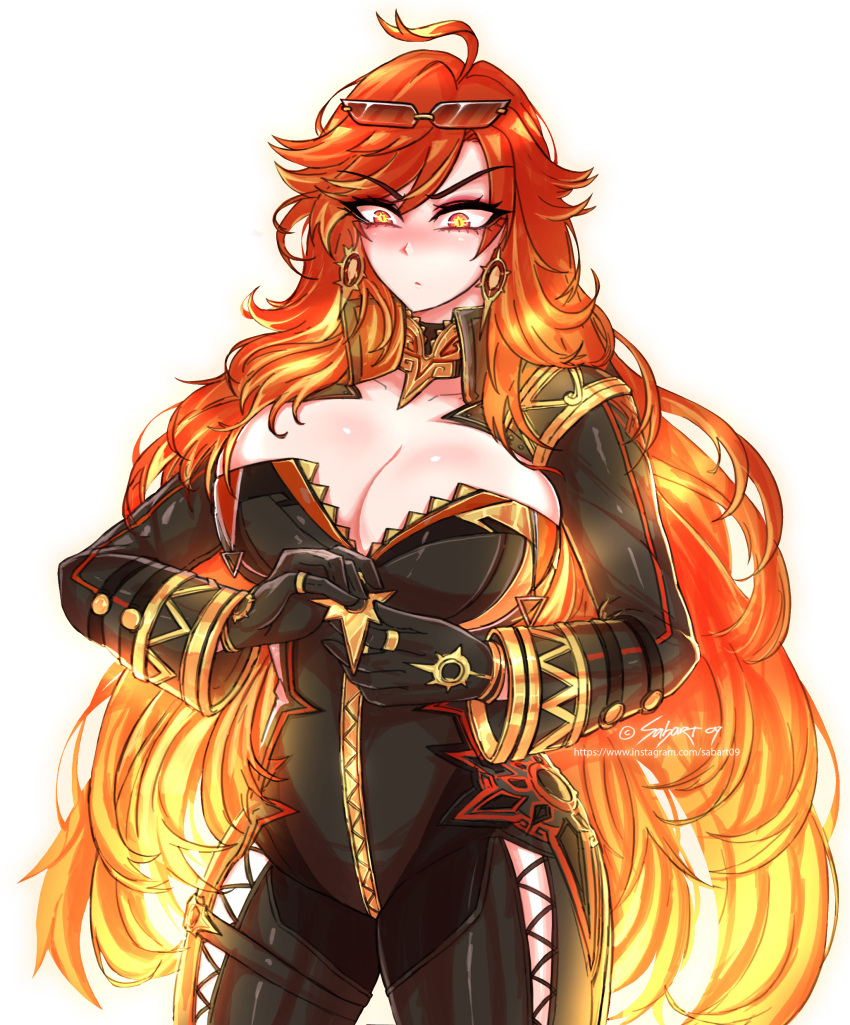 1girl absurdres adjusting_clothes adjusting_zipper ahoge artist_name black_bodysuit blonde_hair blush bodysuit breasts cleavage closed_mouth commentary earrings english_commentary eyewear_on_head genshin_impact highres instagram_username jewelry large_breasts long_hair mavuika_(genshin_impact) multicolored_hair orange_eyes orange_hair sabart09 simple_background solo sunglasses two-tone_hair watermark web_address white_background zipper