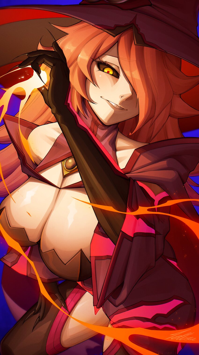 1girl absurdres arc_system_works black_sclera blazblue breasts cleavage colored_sclera hair_over_one_eye hat highres huge_breasts konoe_a._mercury long_hair solo tettora witch_hat