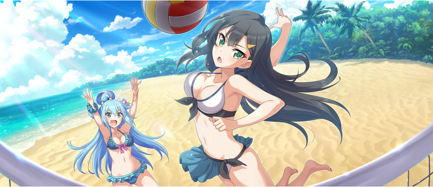 2girls aqua_(konosuba) ball beach beach_volleyball beachball bikini black_hair blue_eyes blue_hair breasts game_cg green_eyes hair_ornament hairclip highres kono_subarashii_sekai_ni_shukufuku_wo! konosuba!_fantastic_days lia_(konosuba) light_blush long_hair looking_at_viewer medium_breasts multiple_girls official_art swimsuit