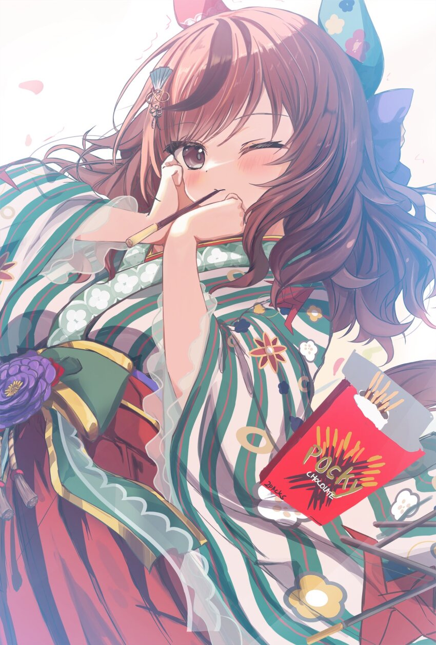 1girl animal_ears artist_name black_eyes blush bow brown_hair closed_mouth commentary_request cowboy_shot cutlass_(classic_chocolate) ear_covers floral_print food food_in_mouth green_kimono hair_bow hair_down highres holding horse_ears horse_girl horse_tail japanese_clothes kimono long_hair long_sleeves looking_at_viewer medium_hair multicolored_hair nice_nature_(converging_wishes)_(umamusume) nice_nature_(umamusume) official_alternate_costume official_alternate_hairstyle pocky pocky_day print_kimono purple_bow revision simple_background streaked_hair striped_clothes striped_kimono tail two-tone_hair umamusume vertical-striped_clothes vertical-striped_kimono wide_sleeves