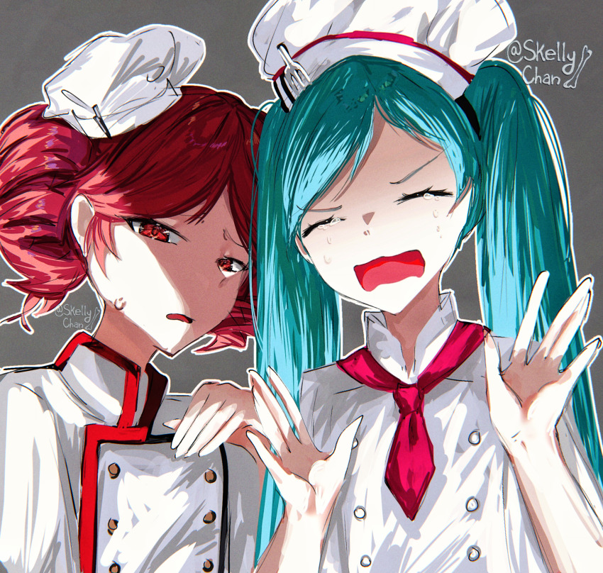 2girls aqua_hair chef chef_hat crying drill_hair grey_background hair_between_eyes hat hatsune_miku highres kasane_teto long_hair mini_chef_hat multiple_girls nervous obsolete_meat_(vocaloid) open_mouth red_eyes red_hair self-upload shirt skellychan sweatdrop synthesizer_v twin_drills twintails vocaloid watermark white_hat white_shirt