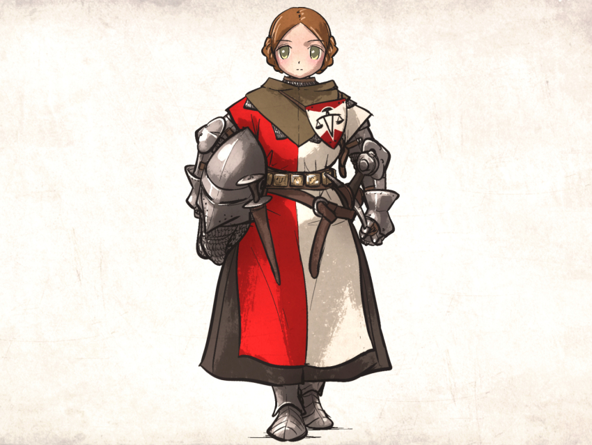 1girl armor aventail bascinet belt braid braided_bun brown_hair chainmail closed_mouth commentary couter dagger dress emblem english_commentary facing_viewer full_armor gauntlets gloves greaves green_eyes grey_footwear grey_helmet hair_bun helmet holding holding_helmet hounskull ironlily knife knight lady_johnna_(ironlily) layered_armor long_sword medieval ordo_mediare_sisters_(ironlily) rerebrace sabaton scabbard sheath simple_background solo standing sword vambraces weapon