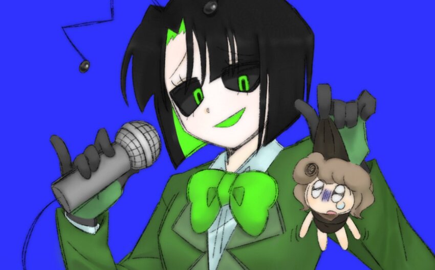 2girls black_gloves blue_background bow bowtie collared_shirt dandy&#039;s_world gloves green_bow green_bowtie green_eyes green_jacket happycenter holding holding_microphone humanization jacket lapels microphone multiple_girls notched_lapels open_mouth roblox shelly_(dandy&#039;s_world) shirt simple_background smile vee_(dandy&#039;s_world) white_shirt