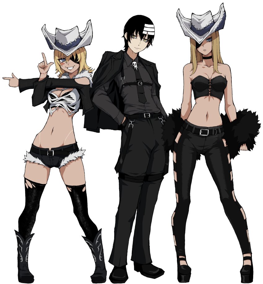 1boy 2girls absurdres bare_shoulders belt black_belt black_boots black_choker black_hair black_jacket black_necktie black_pants black_shoes black_shorts black_suit black_thighhighs black_tube_top blonde_hair blue_eyes blush_stickers boots breasts chest_harness choker closed_mouth collared_shirt commentary cowboy_boots cowboy_hat cutoffs death_the_kid denim denim_shorts dress_pants dress_shirt elizabeth_thompson english_commentary eyepatch feather_boa finger_gun formal_clothes full_body grin hair_between_eyes hand_in_pocket harness hat highres jacket jacket_on_shoulders kekel large_breasts long_hair looking_at_viewer multicolored_hair multiple_girls navel necktie one_eye_covered pants parted_lips patricia_thompson shirt shoes short_shorts shorts siblings simple_background sisters skull_brooch smile soul_eater standing strapless striped_hair suit suit_jacket suspenders_hanging tan tanline thighhighs torn_clothes torn_thighhighs tube_top two-tone_hair white_background white_hair white_hat yellow_eyes