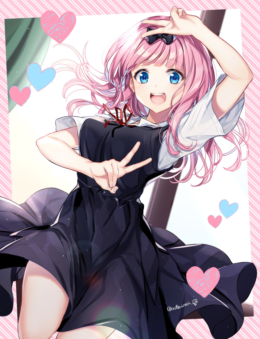 1girl :d arm_up black_bow black_dress blue_eyes bow chikattochikachika_(kaguya-sama_wa_kokurasetai) collared_dress double_v dress female_focus fujiwara_chika hair_bow heart highres hijiki_(hzk00) kaguya-sama_wa_kokurasetai_~tensai-tachi_no_renai_zunousen~ long_hair looking_at_viewer open_mouth pink_hair red_neckwear red_ribbon ribbon school_uniform short_sleeves shuuchiin_academy_school_uniform smile solo thighs twitter_username v