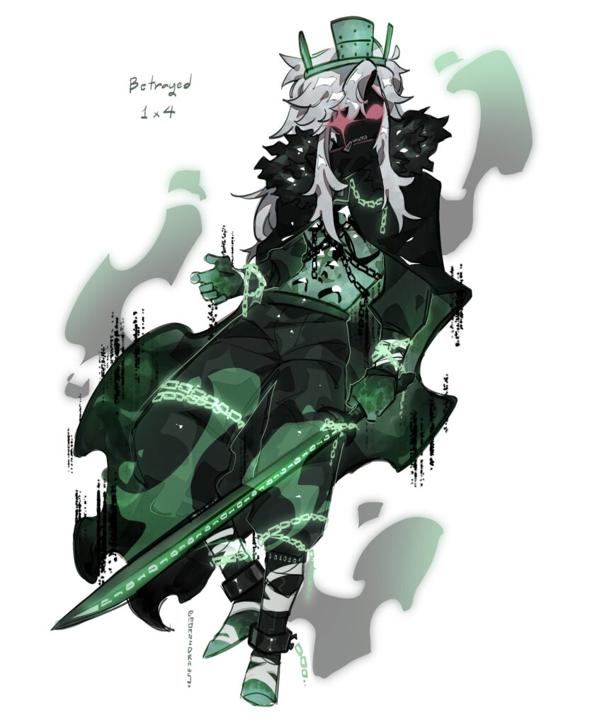 1other 1x1x1x1_(roblox) black_cape black_pants cape chain colored_sclera colored_skin crown cuffs forsaken_(roblox) full_body glowing glowing_chain glowing_eye green_crown green_skin highres holding holding_sword holding_weapon moanidraws pants red_sclera roblox see-through_body shackles simple_background sword weapon white_background