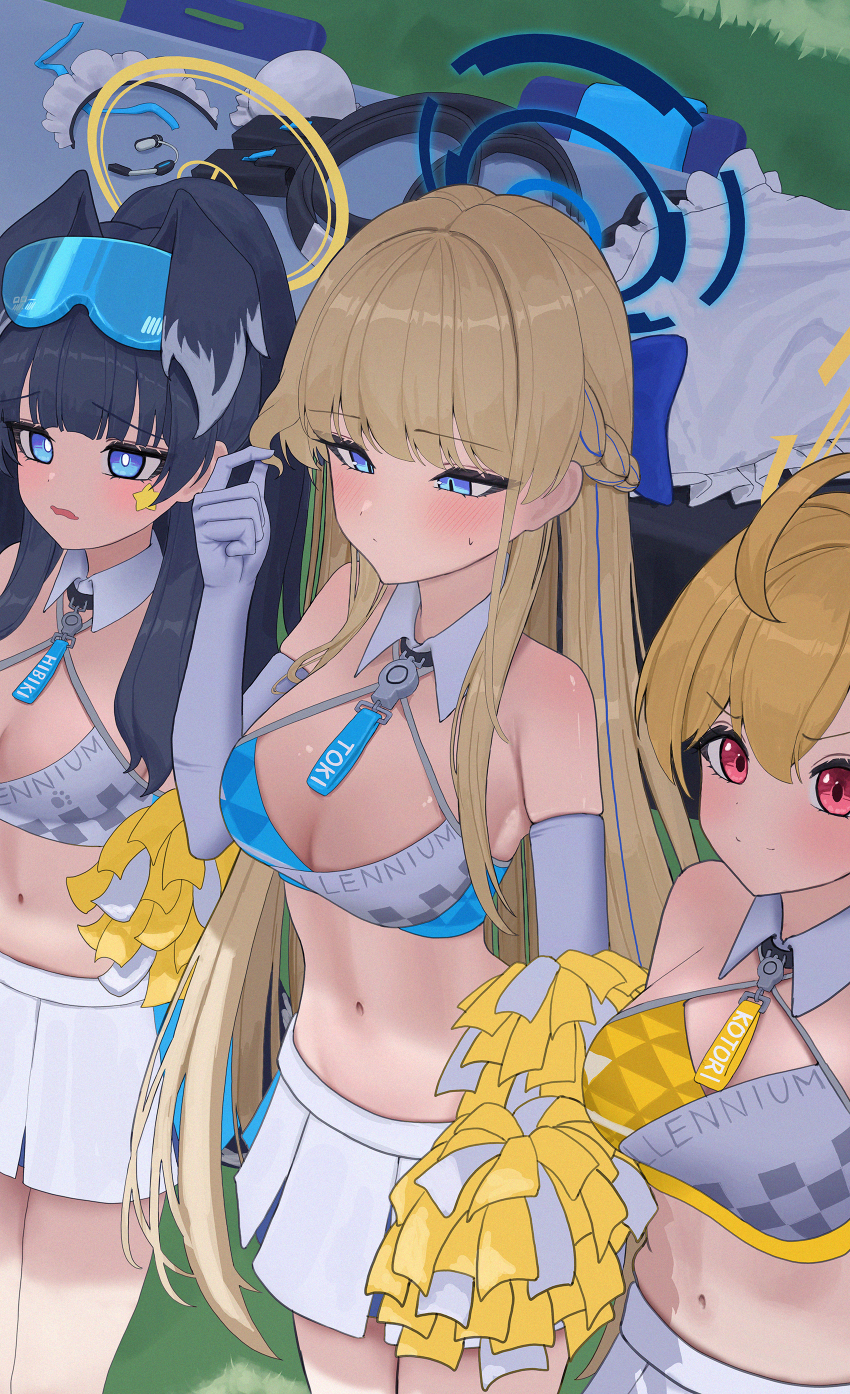 3girls absurdres ahoge animal_ears apron black_hair blonde_hair blue_archive blue_eyes blue_hair blue_halo breasts cheerleader cleavage commentary_request crop_top dog_ears dog_girl grass halo hibiki_(blue_archive) hibiki_(cheer_squad)_(blue_archive) highres holding holding_pom_poms kotori_(blue_archive) kotori_(cheer_squad)_(blue_archive) long_hair maji_(majidesu3) medium_breasts miniskirt multicolored_hair multiple_girls navel official_alternate_costume outdoors pom_pom_(cheerleading) pom_poms skirt stomach streaked_hair thighs toki_(blue_archive) two-tone_hair unworn_apron white_apron white_skirt yellow_halo