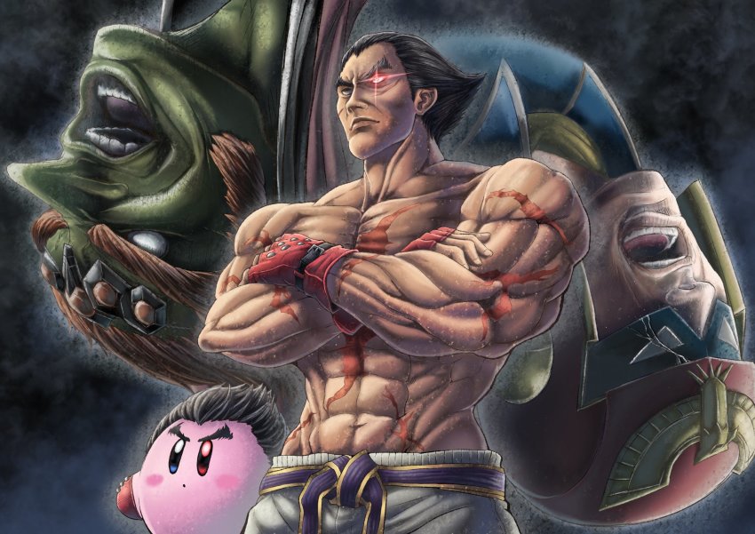 4boys black_hair blue_eyes brown_hair captain_falcon copy_ability f-zero fingerless_gloves from_side ganondorf gerudo gloves highres kirby kirby_(series) looking_at_viewer male_focus mishima_kazuya multiple_boys muscular nintendo red_eyes scar scar_on_arm short_hair simple_background smile sumaboooo super_smash_bros. tekken the_legend_of_zelda the_legend_of_zelda:_ocarina_of_time thick_eyebrows topless_male volcano wings