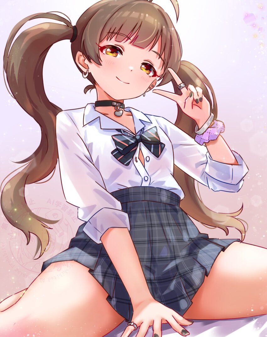 1girl ahoge between_legs black_bow black_bowtie black_choker black_nails black_skirt blush bow bowtie bracelet breasts brown_hair buttons choker closed_mouth collarbone concept_gyarus_(idolmaster) cowboy_shot earrings hakozaki_serika hand_between_legs heart heart_choker highres idolmaster idolmaster_million_live! idolmaster_million_live!_theater_days jewelry koaya light_particles looking_at_viewer multiple_earrings plaid_clothes plaid_skirt ring school_uniform shirt sitting skirt small_breasts smile solo thighs twintails unbuttoned v wariza wavy_hair white_shirt