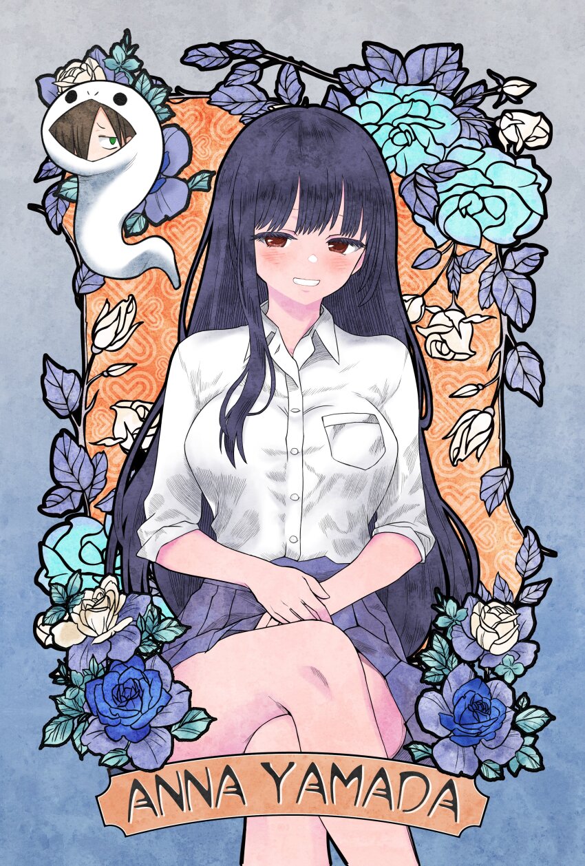 1boy 1girl absurdres animal_costume black_hair blue_skirt blush boku_no_kokoro_no_yabai_yatsu breasts brown_eyes character_name chibi clenched_teeth collared_shirt crossed_legs highres ichikawa_kyoutarou large_breasts long_hair looking_at_viewer pleated_skirt school_uniform shirt sitting skirt snake_costume summer_uniform teeth unai_suken white_shirt yamada_anna