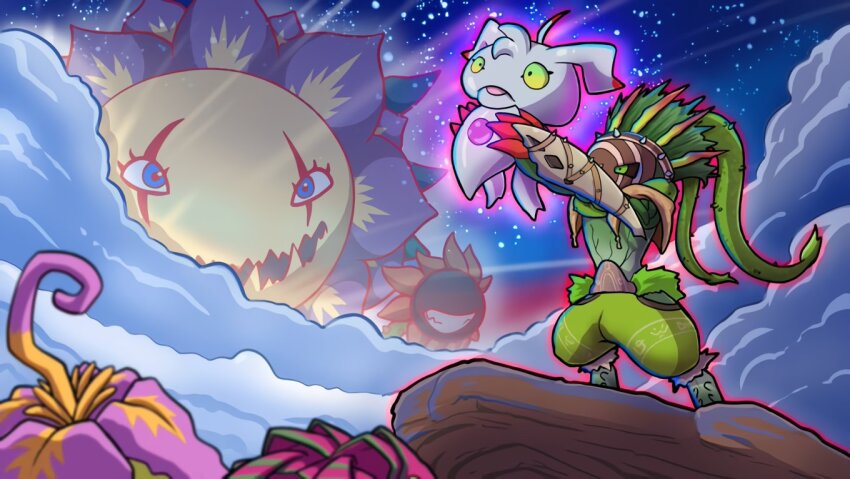 ajatarmon blossomon cloud digimon digimon_(creature) green_eyes mask palmon parody pomumon sky star_(sky) starry_sky the_lion_king ukkomon