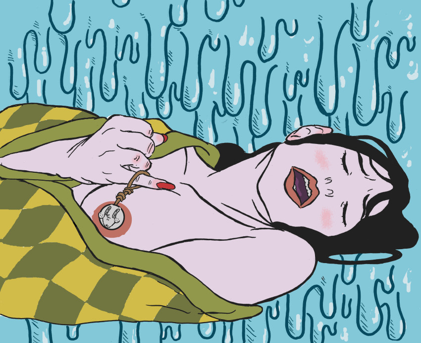 1girl absurdres blush closed_eyes female_focus highres lying no_bra off_shoulder open_mouth reijigoddo shunga solo tagme