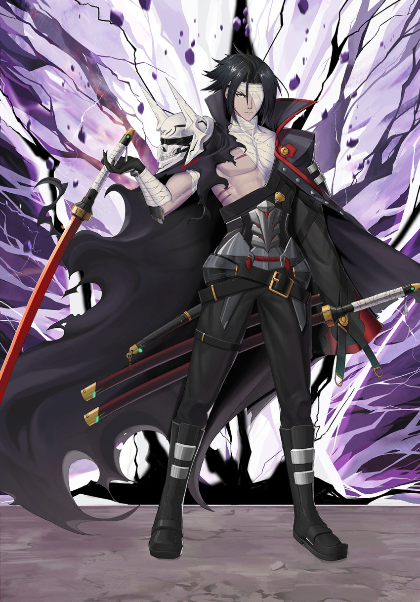 1boy amputee another_dark_kagura arm_out_of_sleeve bandage_over_one_eye bandaged_arm bandaged_chest bandaged_neck bandages belt belt_buckle black_cape black_cloak black_gloves black_hair black_jacket black_pants blazblue blazblue_alternative:_dark_war buckle cape cloak eyebrows forked_eyebrows gloves highres holding holding_sword holding_weapon jacket kagura_mutsuki katana lightning long_sleeves mori_toshimichi official_art pants scar scar_on_chest sheath sheathed skull solo sword torn_cape torn_cloak torn_clothes weapon