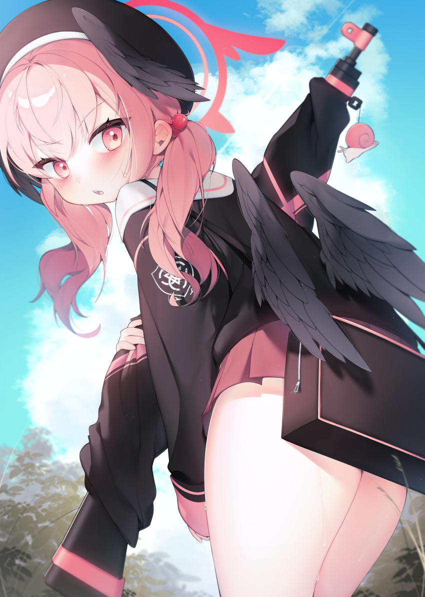 1girl absurdres black_hat black_shirt blue_archive blue_sky blush bolt_action from_behind gun hair_bobbles hair_ornament halo hat head_wings highres holding holding_gun holding_weapon koharu_(blue_archive) looking_at_viewer outdoors p14_enfield parted_lips pink_eyes pink_hair pleated_skirt red_skirt rifle sen_light shirt skirt sky solo thighs weapon wings
