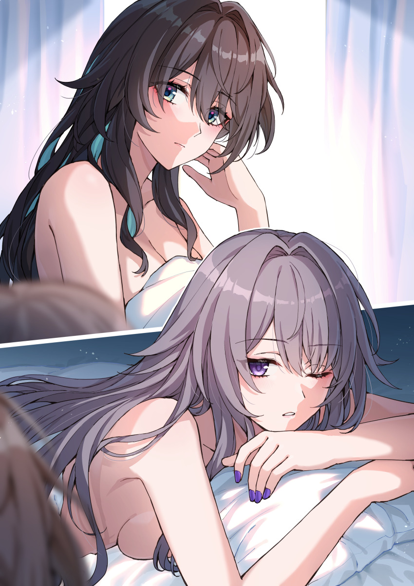 2girls absurdres bed_sheet black_hair blue_eyes blue_hair breasts brown_hair cleavage closed_mouth grey_hair hair_between_eyes hand_up herta_(honkai:_star_rail) highres honkai:_star_rail honkai_(series) indoors long_hair looking_at_another lying medium_breasts multicolored_hair multiple_girls naked_sheet nude on_bed on_stomach one_eye_closed parted_lips purple_eyes purple_nails ruan_mei_(honkai:_star_rail) somechime_(sometime1209) the_herta_(honkai:_star_rail) two-tone_hair