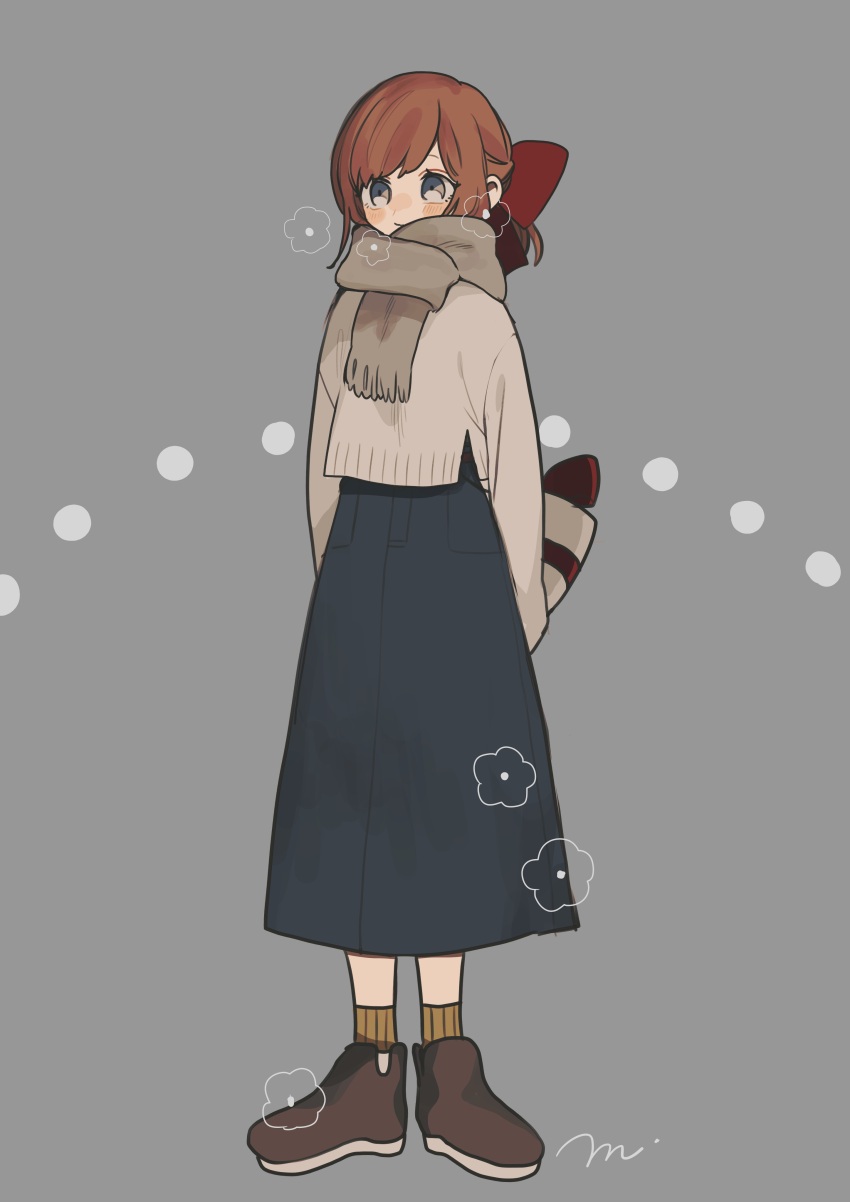 1girl absurdres arms_behind_back black_skirt bow brown_hair brown_scarf brown_shoes dots full_body grey_background greyscale hair_bow highres long_sleeves looking_at_viewer maco22 monochrome original red_bow ribbed_legwear scarf shoes signature simple_background skirt socks solo standing sweater