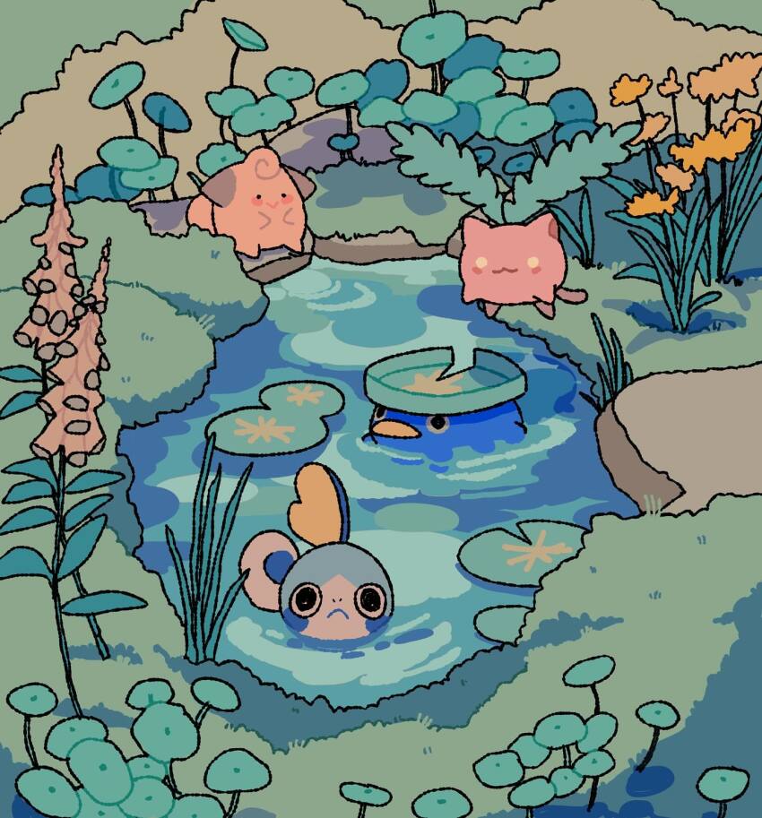 ._. :&gt; :&lt; :3 anikeru cleffa closed_mouth commentary english_commentary floating flower gen_2_pokemon gen_3_pokemon gen_8_pokemon grass highres hoppip leaf lily_pad looking_at_viewer lotad nature nintendo no_humans nostrils outdoors plant pokemon pokemon_(creature) pokemon_focus sitting smile sobble swimming water yellow_eyes