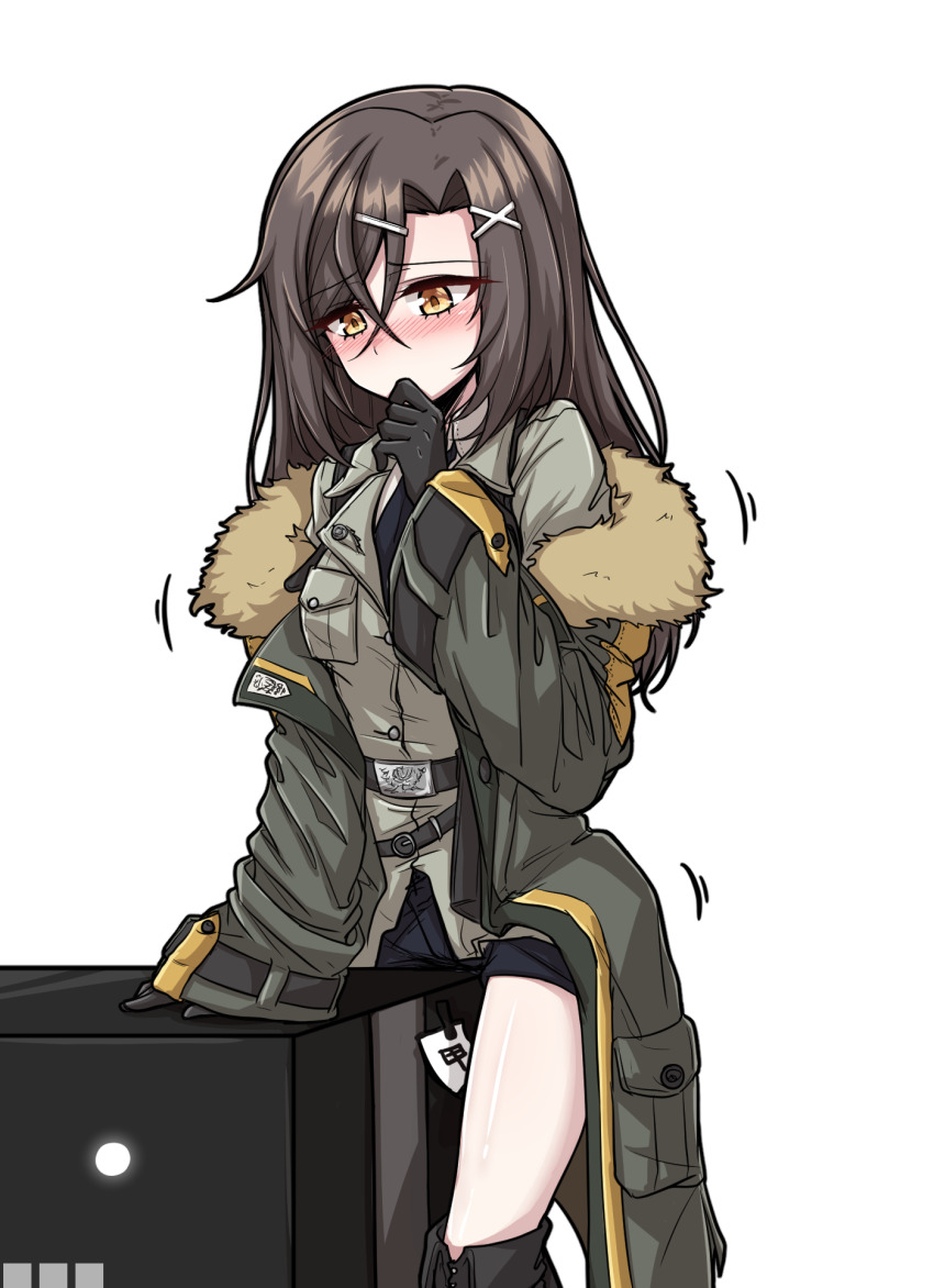 1girl bd_mmst belt black_gloves blush brown_eyes buckle christina_brecht commentary_request counter:side covered_mouth crossed_bangs crotch_rub fold-over_boots fur-trimmed_jacket fur_trim furrowed_brow gloves green_jacket grey_hair hair_between_eyes hair_ornament hairclip hand_on_own_chin high_belt highres jacket long_sleeves looking_at_another looking_away loose_belt machine-g.a.p. military military_jacket military_uniform motion_lines off_shoulder out_of_frame parted_bangs pouch robot short_shorts shorts simple_background solo_focus white_background x_hair_ornament