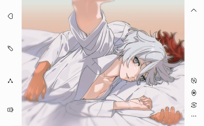 2girls arm_around_waist baesong bed_sheet blurry breasts camera cleavage dark-skinned_female dark_skin depth_of_field fake_phone_screenshot fake_screenshot grey_eyes grey_hair gundam gundam_suisei_no_majo head_on_pillow jewelry messy_hair miorine_rembran multiple_girls on_bed pillow reaching reaching_towards_viewer red_hair ring selfie shirt stray_hair suletta_mercury wedding_ring white_shirt wife_and_wife wrinkled_fabric yuri