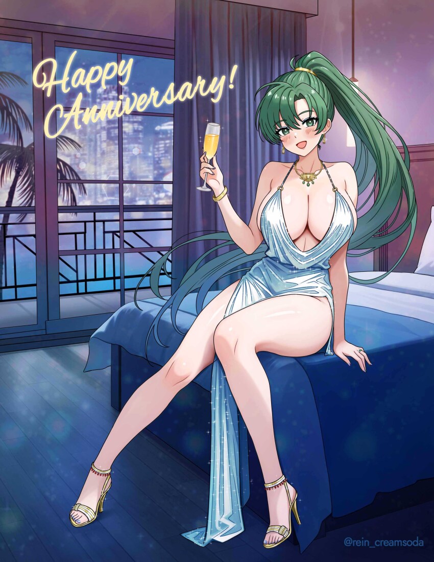 1girl absurdres alternate_costume bed breasts champagne_flute cleavage cup dress drinking_glass earrings evening_gown fire_emblem fire_emblem:_the_blazing_blade green_eyes green_hair happy_anniversary high_ponytail highres indoors jewelry large_breasts long_hair looking_at_viewer lyn_(fire_emblem) necklace nintendo non-web_source open_mouth palm_tree ponytail rein_creamsoda sideboob sitting smile solo tree very_long_hair