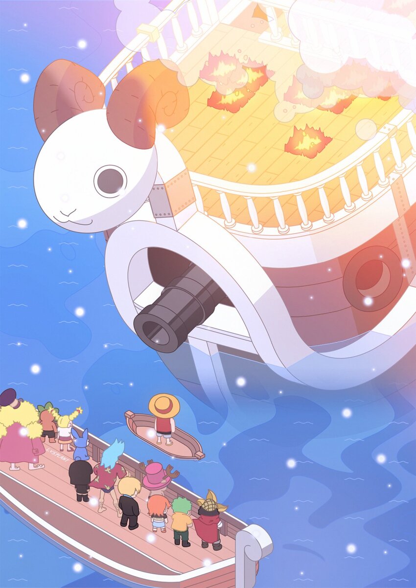 4girls 6+boys back blue_hair boat chimney_(one_piece) commentary fire franky_(one_piece) going_merry gonbe hat highres kokoro_(one_piece) lv5plant mask monkey_d._luffy multiple_boys multiple_girls nami_(one_piece) nami_(one_piece)_(enies_lobby) nico_robin nico_robin_(water_7) ocean one_piece orange_hair pompadour prow roronoa_zoro sanji_(one_piece) shirt short_hair sogeking straw_hat straw_hat_pirates tony_tony_chopper usopp watercraft yellow_shirt