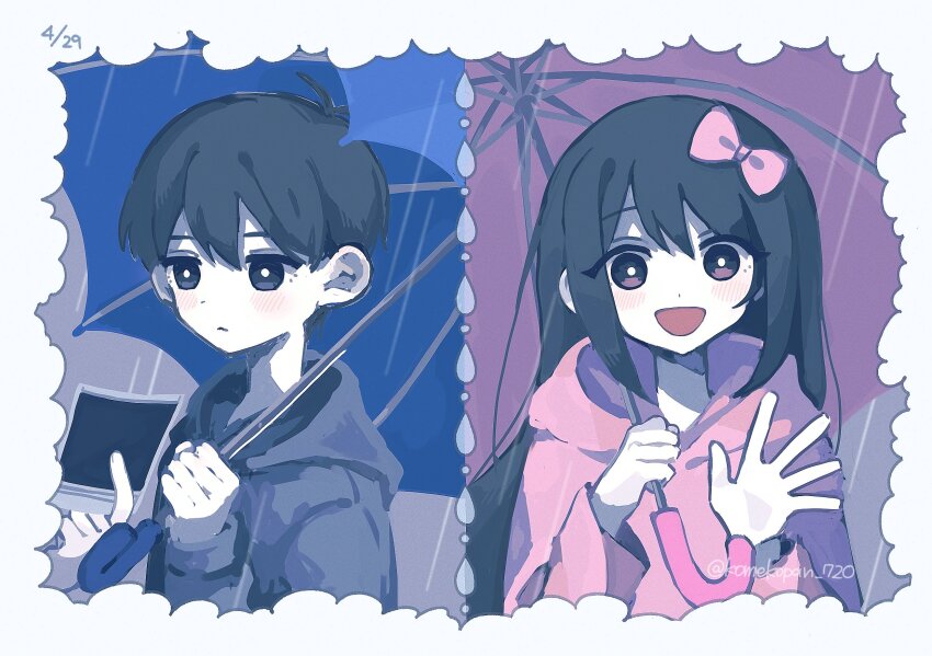 1boy 1girl aged_down antenna_hair aubrey_(faraway)_(omori) aubrey_(omori) black_eyes black_hair black_raincoat blue_umbrella blush border bow bright_pupils closed_mouth dated hair_bow highres holding holding_photo holding_umbrella komekopan_720 long_hair long_sleeves looking_at_viewer omori open_mouth photo_(object) pink_bow pink_umbrella rain raincoat short_hair smile sunny_(omori) twitter_username umbrella white_border white_pupils