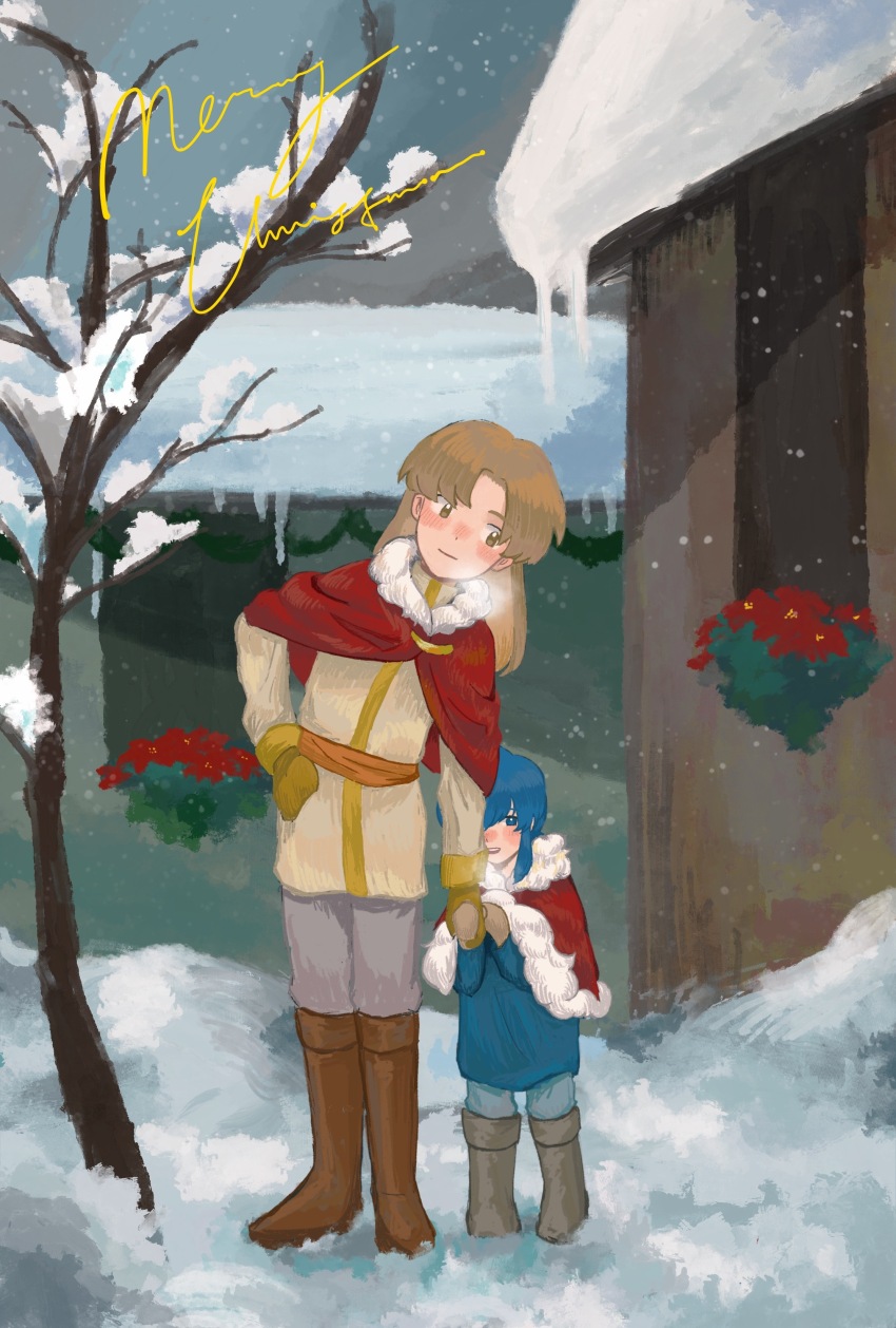 2boys absurdres aged_down bare_tree belt blue_eyes blue_hair blue_pants blue_shirt blush boots breath brown_footwear brown_hair brown_mittens capelet child cho_yoy closed_mouth cloud cloudy_sky curtained_hair english_text faux_traditional_media fire_emblem fire_emblem:_genealogy_of_the_holy_war flower frost full_body fur-trimmed_capelet fur_trim grey_footwear grey_pants hair_between_eyes high_collar highres holding_hands icicle knee_boots long_hair looking_at_another looking_at_viewer male_focus merry_christmas mittens multiple_boys nintendo nose_blush oifey_(fire_emblem) one_eye_covered orange_belt outdoors pants parted_bangs pigeon-toed poinsettia red_capelet red_flower seliph_(fire_emblem) shirt sidelocks sky smile snow_on_roof snow_on_tree snowing tree tunic window winter yellow_tunic