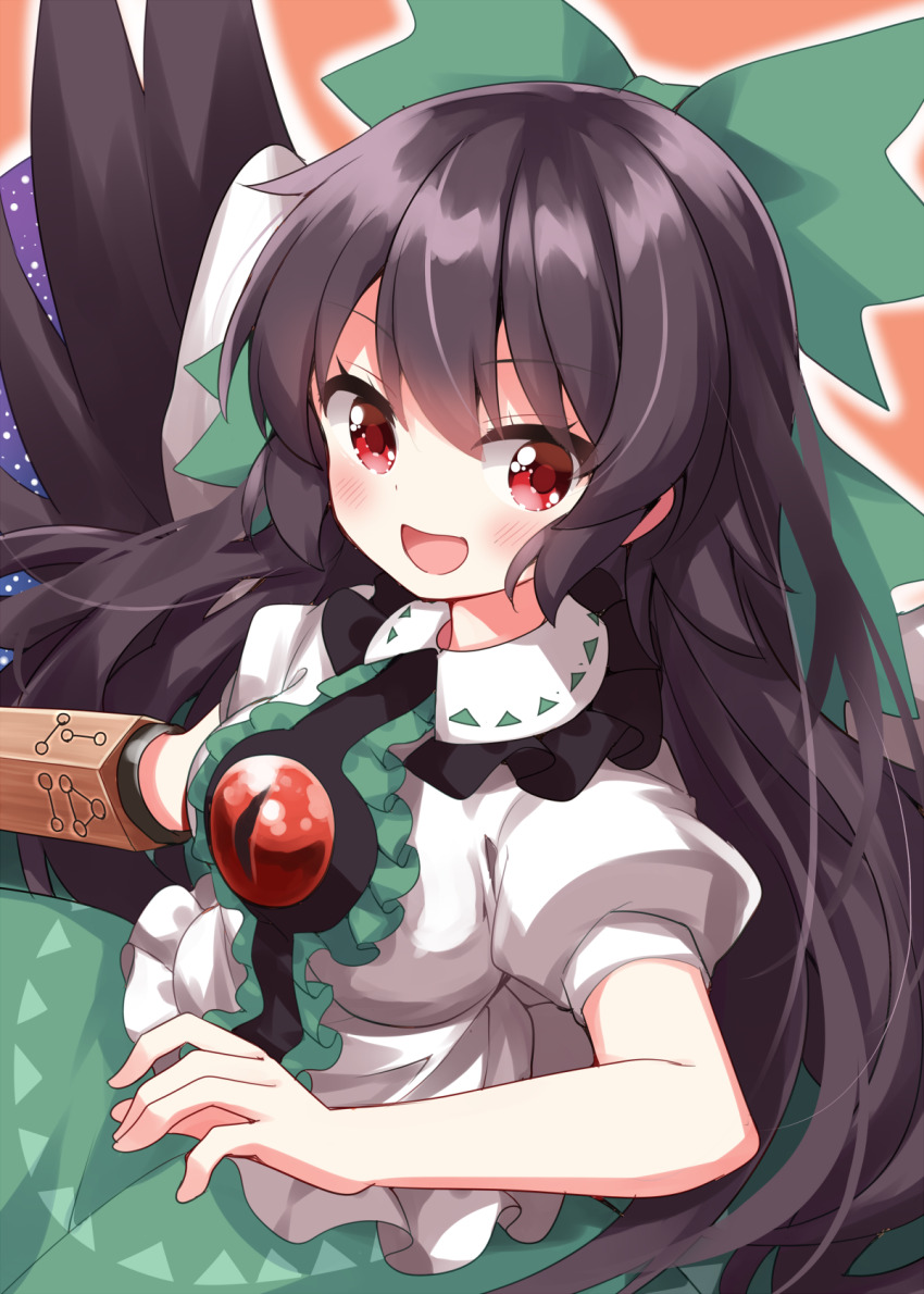 1girl arm_cannon black_hair black_wings bow commentary_request feathered_wings green_bow green_skirt hair_bow highres long_hair long_skirt open_mouth puffy_short_sleeves puffy_sleeves red_eyes reiuji_utsuho ruu_(tksymkw) shirt short_sleeves skirt smile solo touhou weapon white_shirt wings